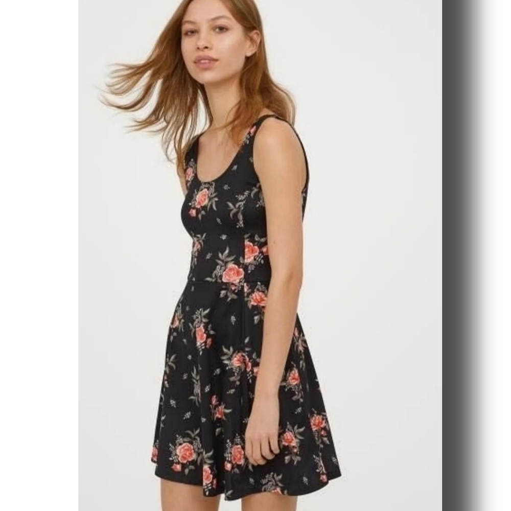 H&M Womens Black Floral Print Tank Mini  Dress